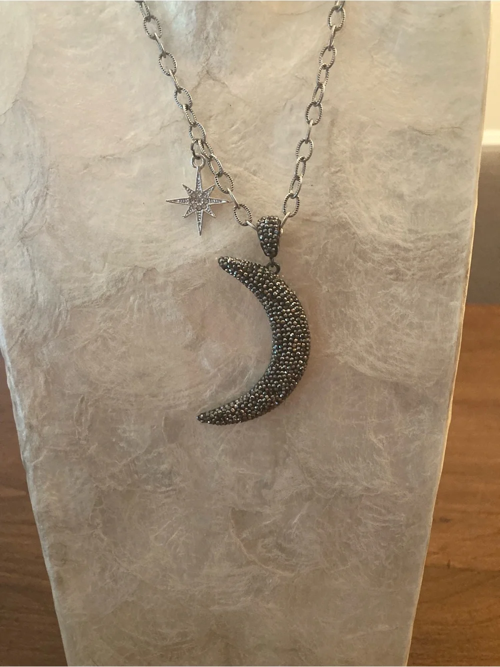 Pave Crescent Moon & Star Pendant Necklace in Gunmetal Tone.